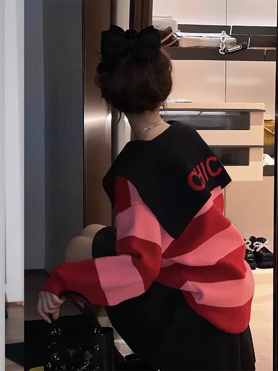 Korean style soft and lazy style sweet autumn dress doll collar pink striped sweater for women autumn and winter knitted sweater jacket for women
