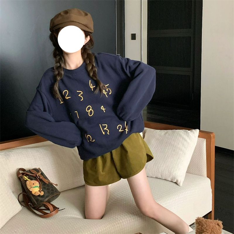 Navy letter sweatshirt women's autumn and winter new design retro casual loose round neck pullover long-sleeved top