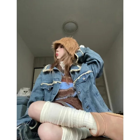 美式復古拼接毛邊設計感牛仔開衫女春秋新款polo領寬鬆慵懶風外套