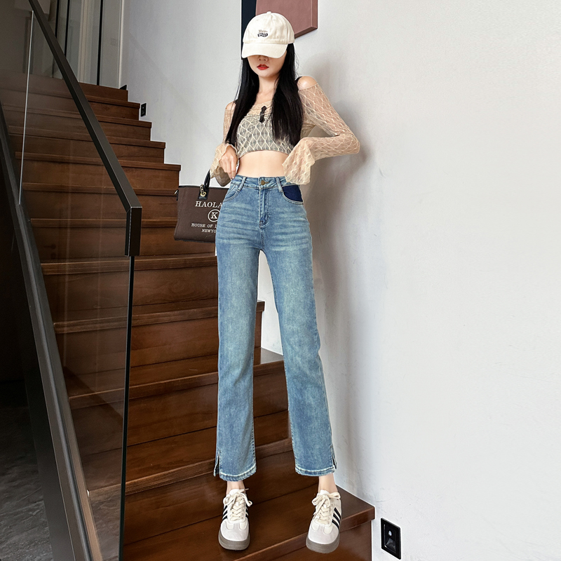 實拍2023秋冬牛仔褲女寬鬆高腰小直筒顯瘦老爹煙管褲九分褲