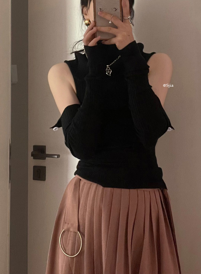實拍韓chic設計感翻領高領多穿可拆卸袖套針織坑條修身毛衣