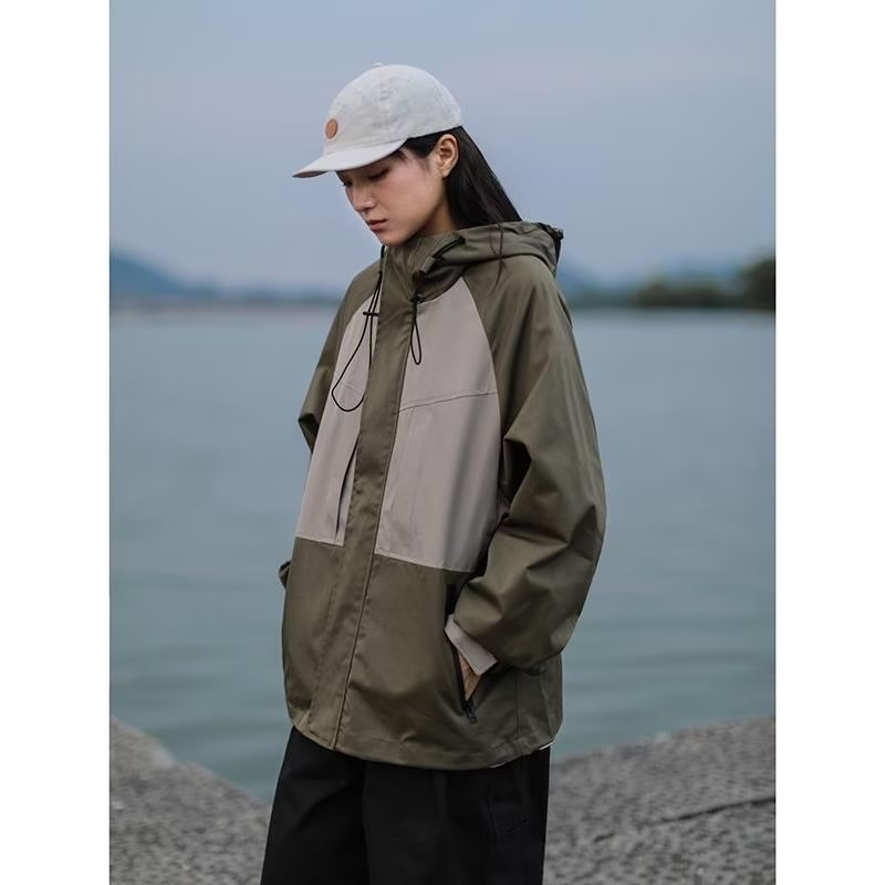 美式復古拼接撞色夾克外套休閒寬鬆連帽衝鋒衣上衣/男女