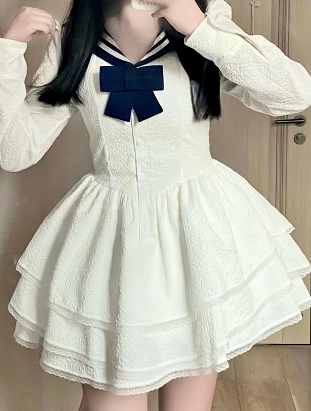 女2023年新款法式初戀甜美學院風jk海軍領蝴蝶結白色連衣裙子春秋