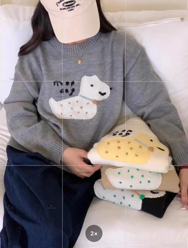 韓國東大門2023秋季新款手工勾線狗狗圖案羊毛針織衫女長袖毛衣