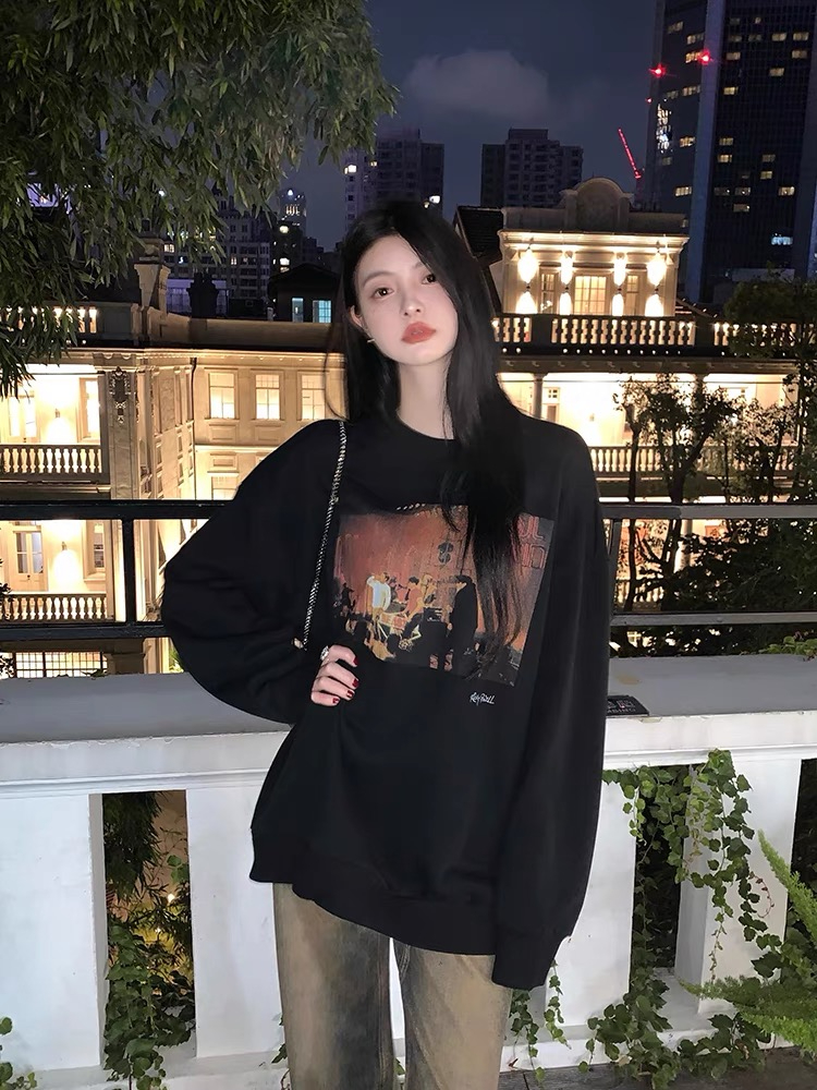 范智喬美式復古圓領衛衣女秋季小個子寬鬆顯瘦慵懶風oversize上衣