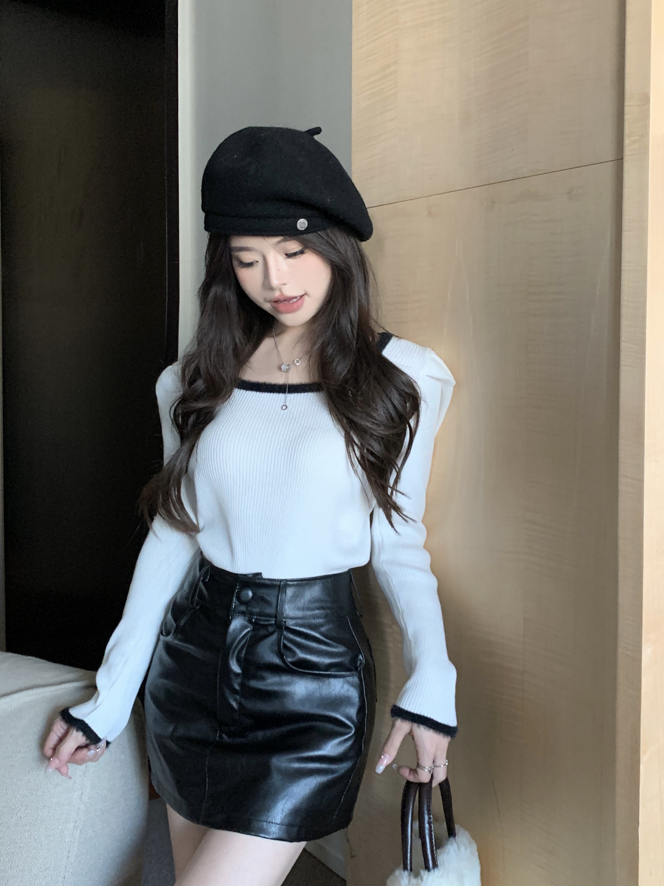 實拍 新款法式方領拼色設計感毛毛內搭顯瘦泡泡袖針織衫