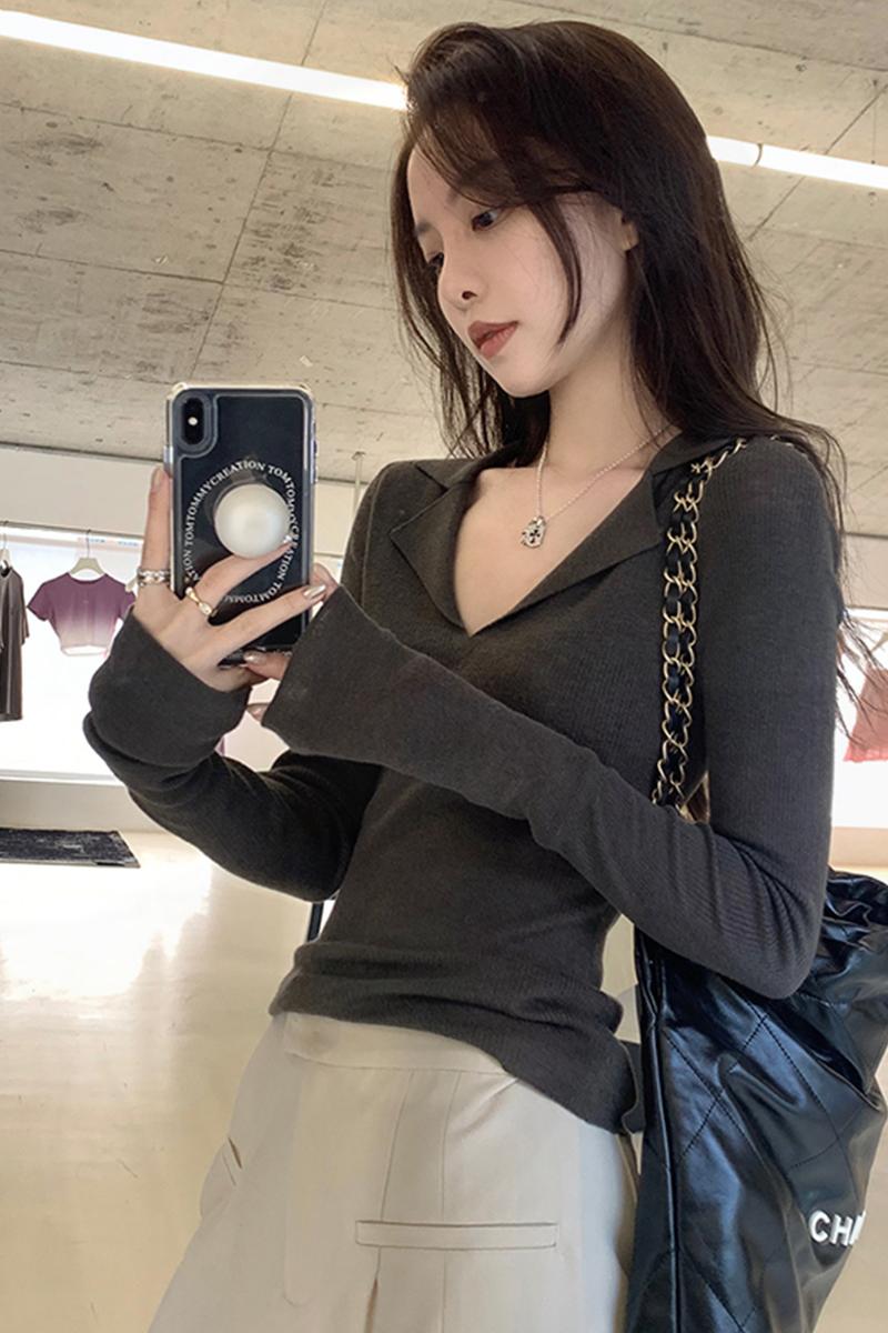 Niche slim fit inner pink long-sleeved sweater for women autumn design sweater slimming bottoming shirt ins top