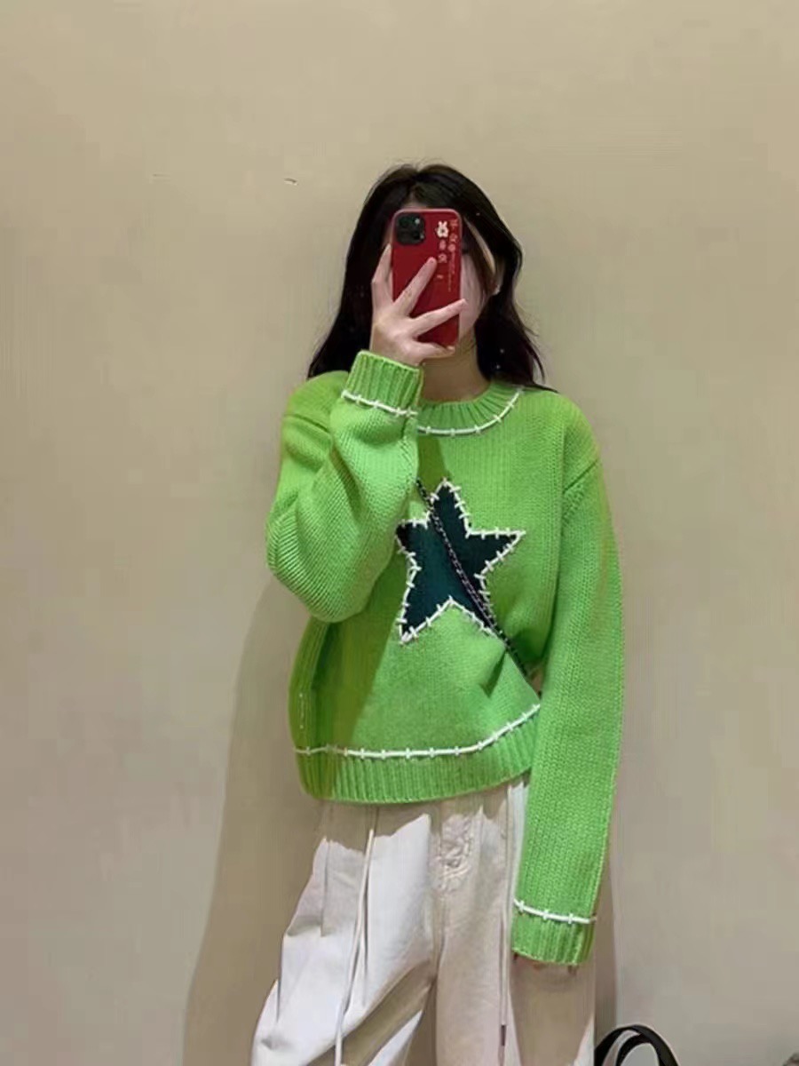 European Station 2023 Autumn New Round Neck Long Sleeve Contrast Color Handmade Pentagram Letter Embroidery Sweater Top for Women