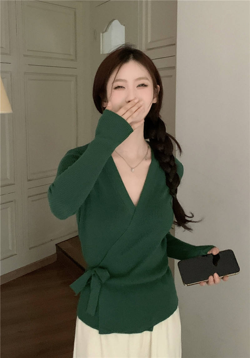 實拍~交叉V領系帶毛衣開衫上衣女2023秋季新款氣質打底針織衫