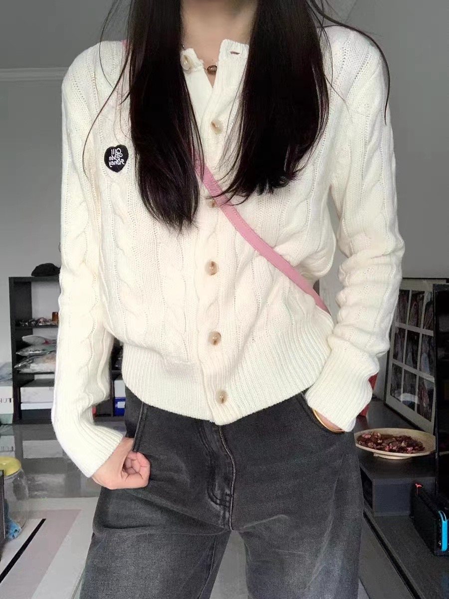 白色短款麻花針織開衫女春秋季學院風修身內搭打底衫毛衣外套秋冬