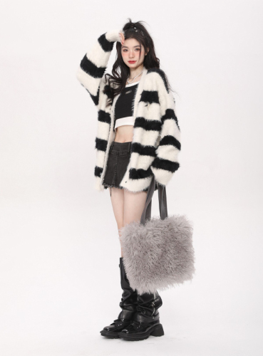 Knitted sweater striped color-blocking national trend handmade trendy brand faux mink open jacket casual outerwear
