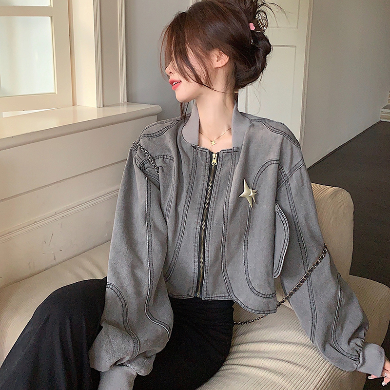 Real shot ~ curved hem short washed denim jacket for women in autumn loose slimming niche zipper jacket