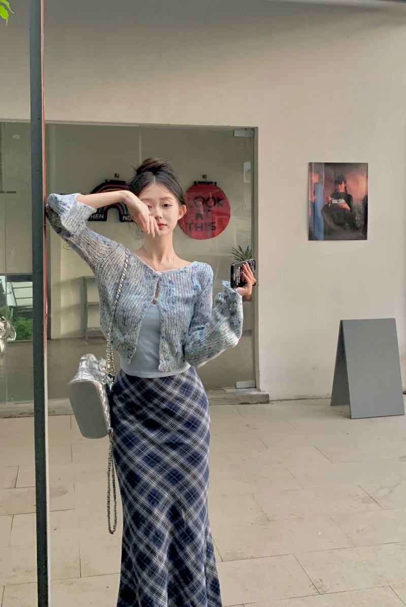 Real shot of colorful yarn hollow knitted cardigan hot girl trumpet long-sleeved top + Hong Kong style retro plaid skirt