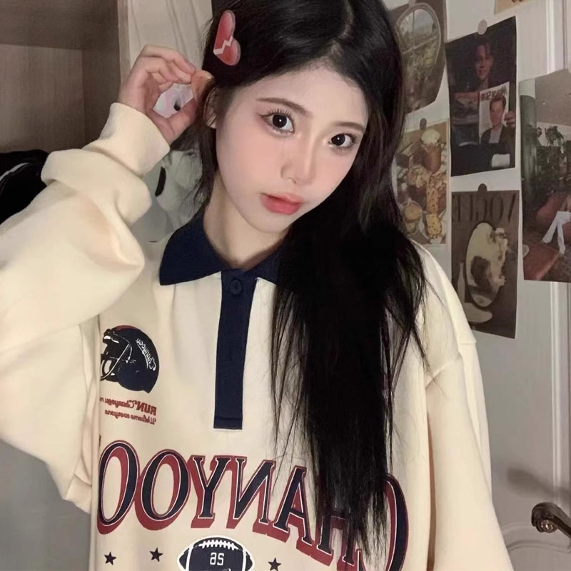 原版做工衛衣女春秋裝新款設計感寬鬆長袖套頭polo衫撞色上衣潮