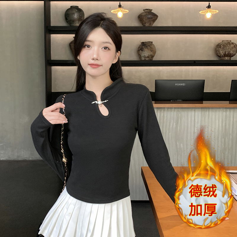 秋冬設計感小眾改良旗袍中式國風上衣黑色正肩短袖t恤女