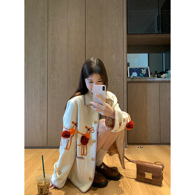 Korean style small fragrant style coarse linen embroidered heavy industry jacket short coat women's woolen woven jacket