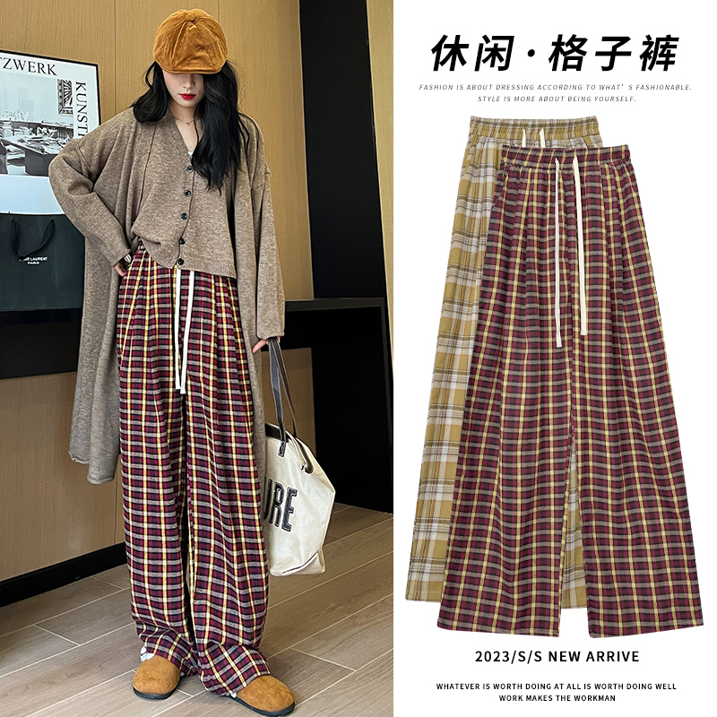 實拍 慵懶鬆緊腰黑白格子直筒休閒褲女2023秋季新款寬鬆闊腿褲