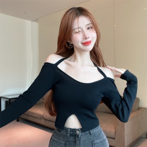 Real shot of halterneck strapless backless pure lust style sweater for women autumn long-sleeved sexy slit top