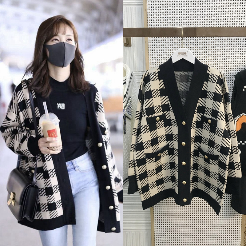 李一桐同款衣服23春秋小香風千鳥格寬鬆中長款針織開衫格子外套女