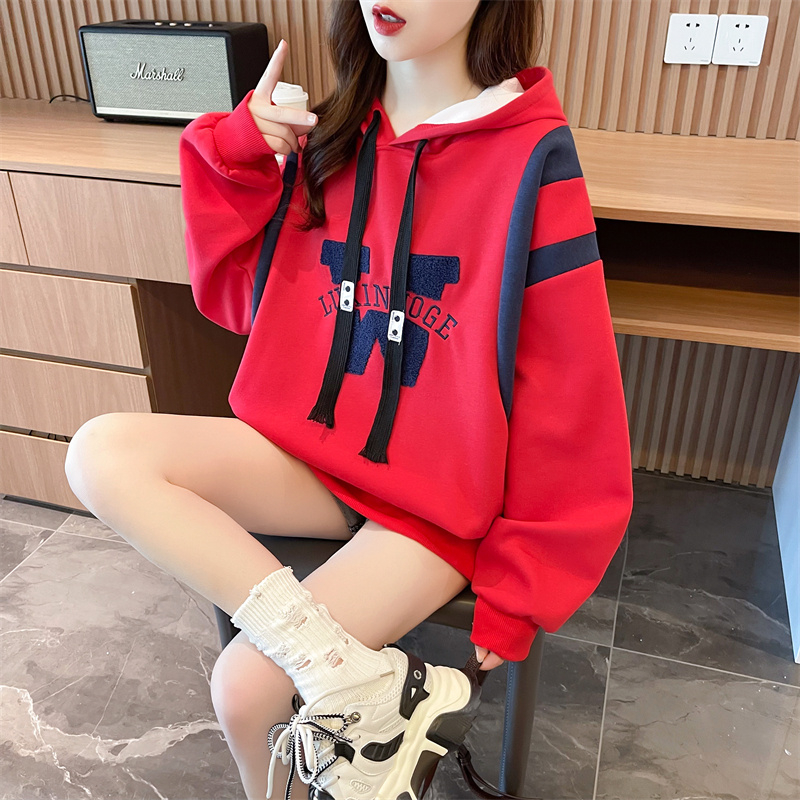 實拍純棉面複合超柔加絨加厚連帽衛衣女設計感字母刺繡撞色拼接