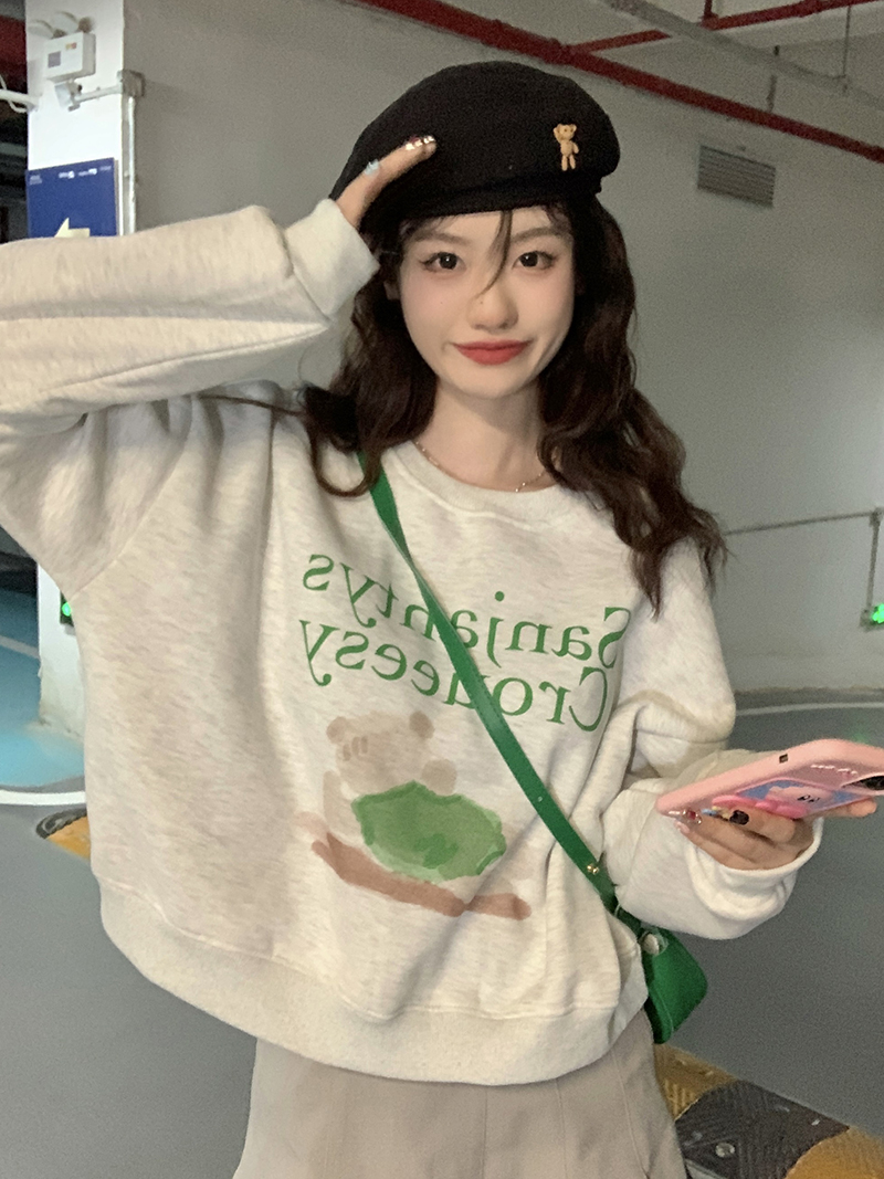 本店原創~實拍~綠字母熊短款圓領加絨加厚衛衣