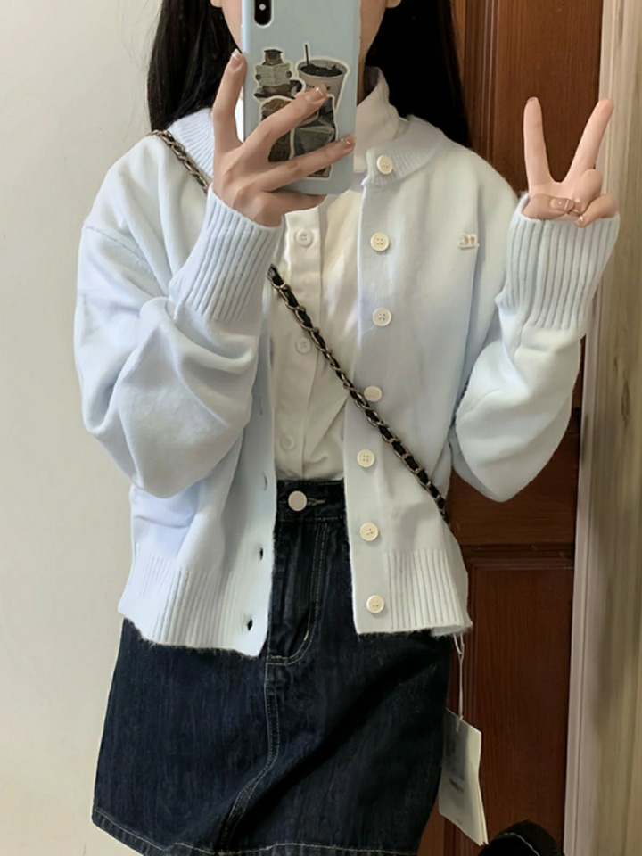 軟糯慵懶毛衣韓系淺藍色休閒外套女2023新款春秋長袖針織開衫