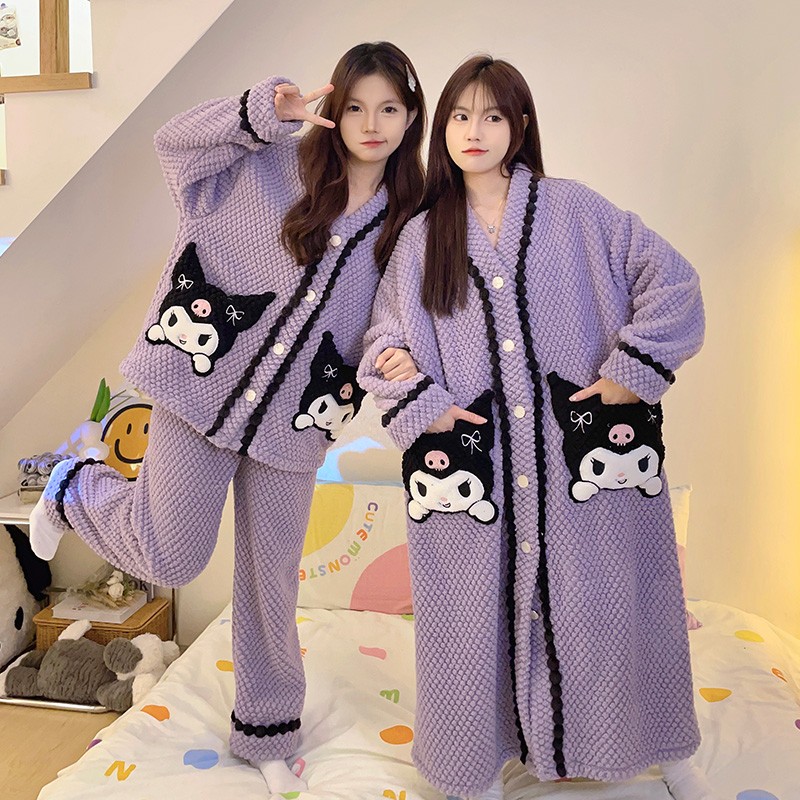 實拍秋冬季新款提花絨睡衣女可愛卡通家居服睡袍閨蜜套裝