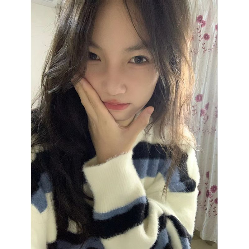 仿貂#古着vintage條紋針織毛衣女秋冬設計感小眾慵懶風軟糯糯上衣