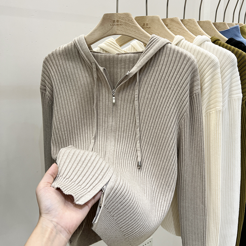 Real shot# lazy style loose knitted top for women 2023 new solid color design hooded knitted long sleeves