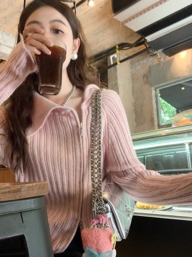 Zeng Xiaoxian irregular pullover sweater for women autumn and winter slim pink lapel sweater long-sleeved bottoming top