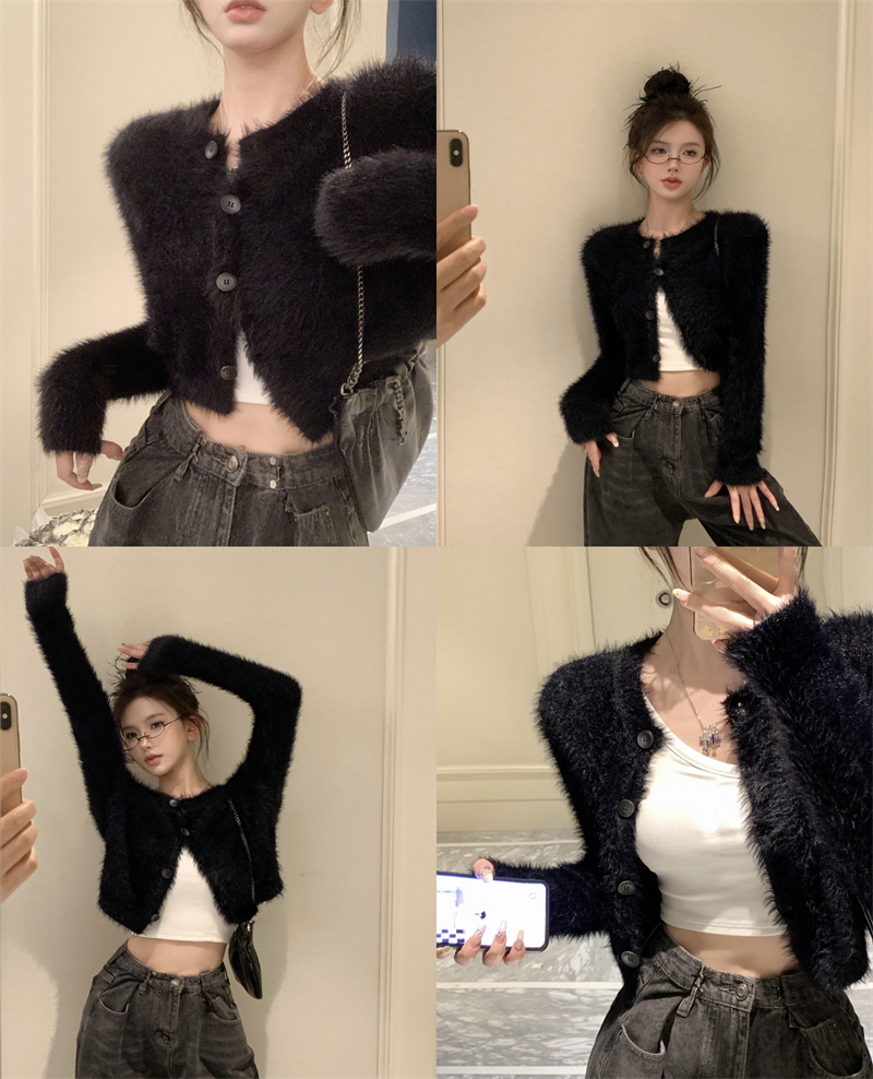 Real shot of atmosphere niche design knitted cardigan hot girl black short sweater jacket
