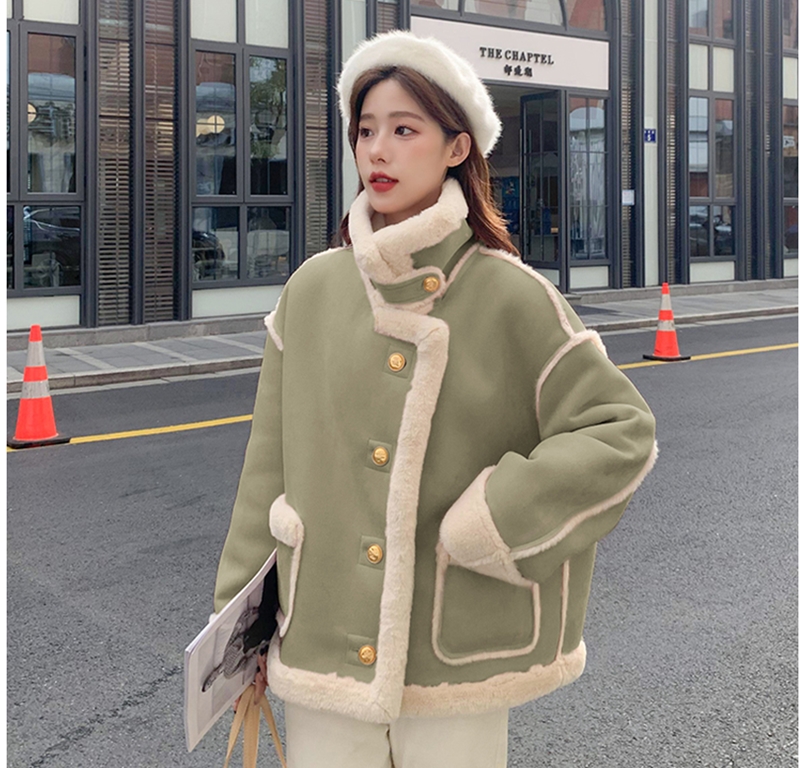 Pink lambswool jacket for women short winter fur all-in-one 2023 new style Korean style thickened cotton coat trendy for small people