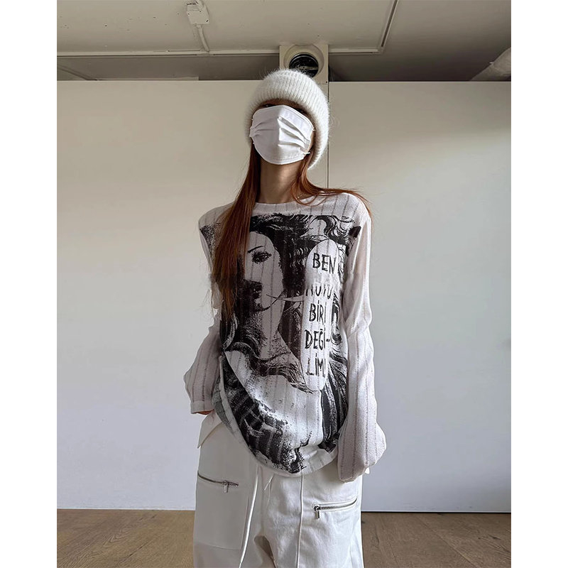 網紗 美式復古春秋新款黑白人像印花條紋鏤空圓領寬鬆長袖T恤上衣