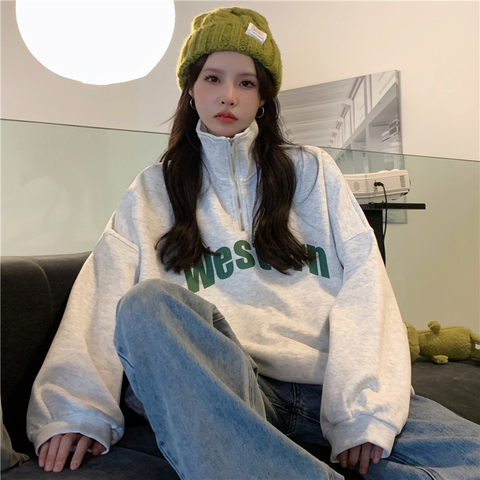 新款衛衣女chic2023早秋韓版字母拉鏈POLO衫女寬鬆百搭長袖上衣潮
