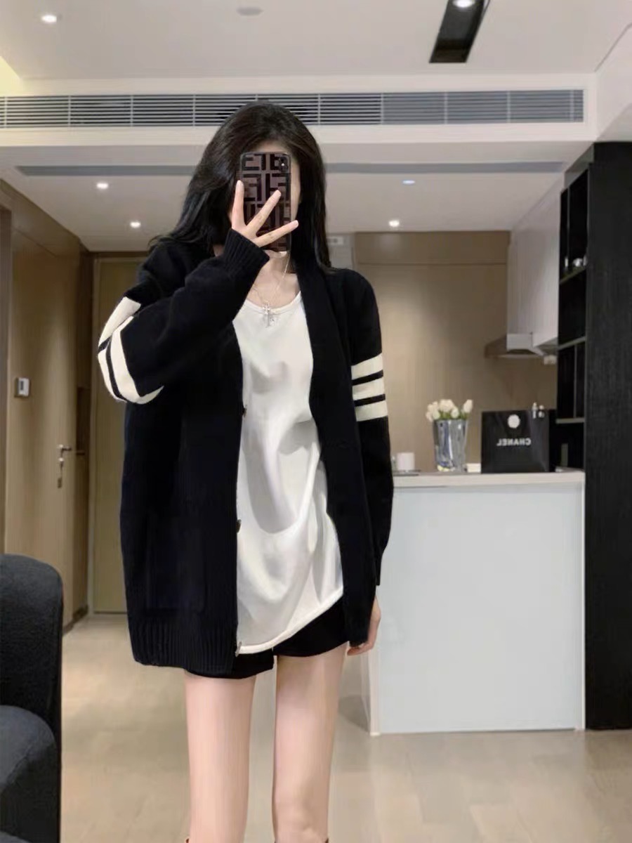 浪漫慵懶風V領針織開衫外套女2023秋季新款韓系寬鬆黑色毛衣上衣