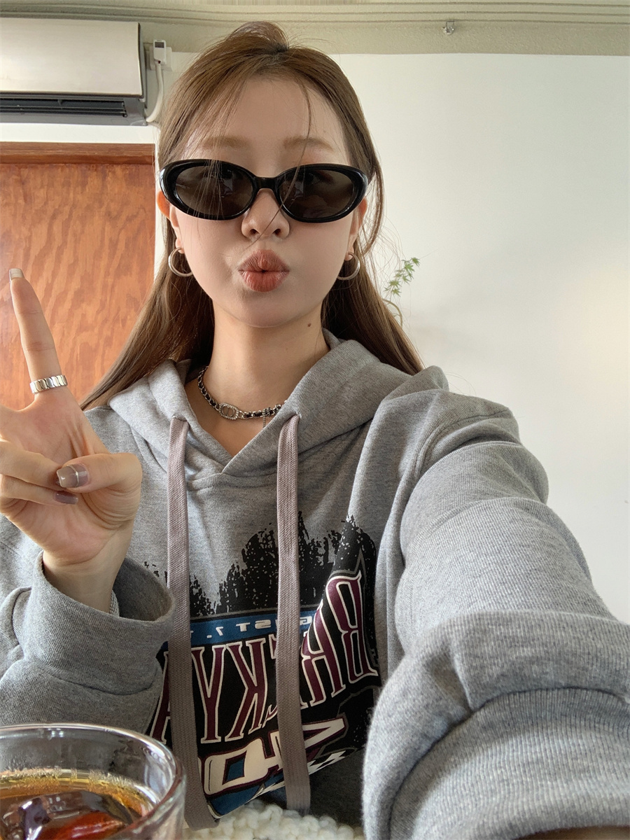 實拍！美式復古字母印花短款連帽衛衣休閒百搭寬鬆上衣