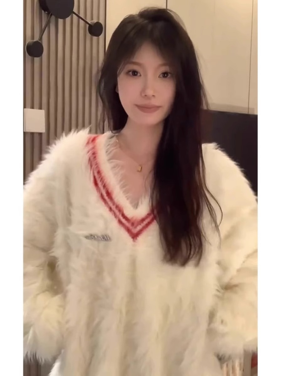 馬海毛軟糯毛衣外套女秋冬韓系慵懶風寬鬆設計感小眾加厚V領上衣