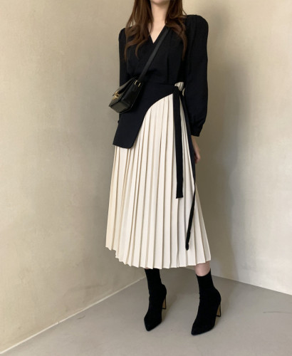 Hepburn style niche high-end side pleated splicing belt slimming dress long skirt for women