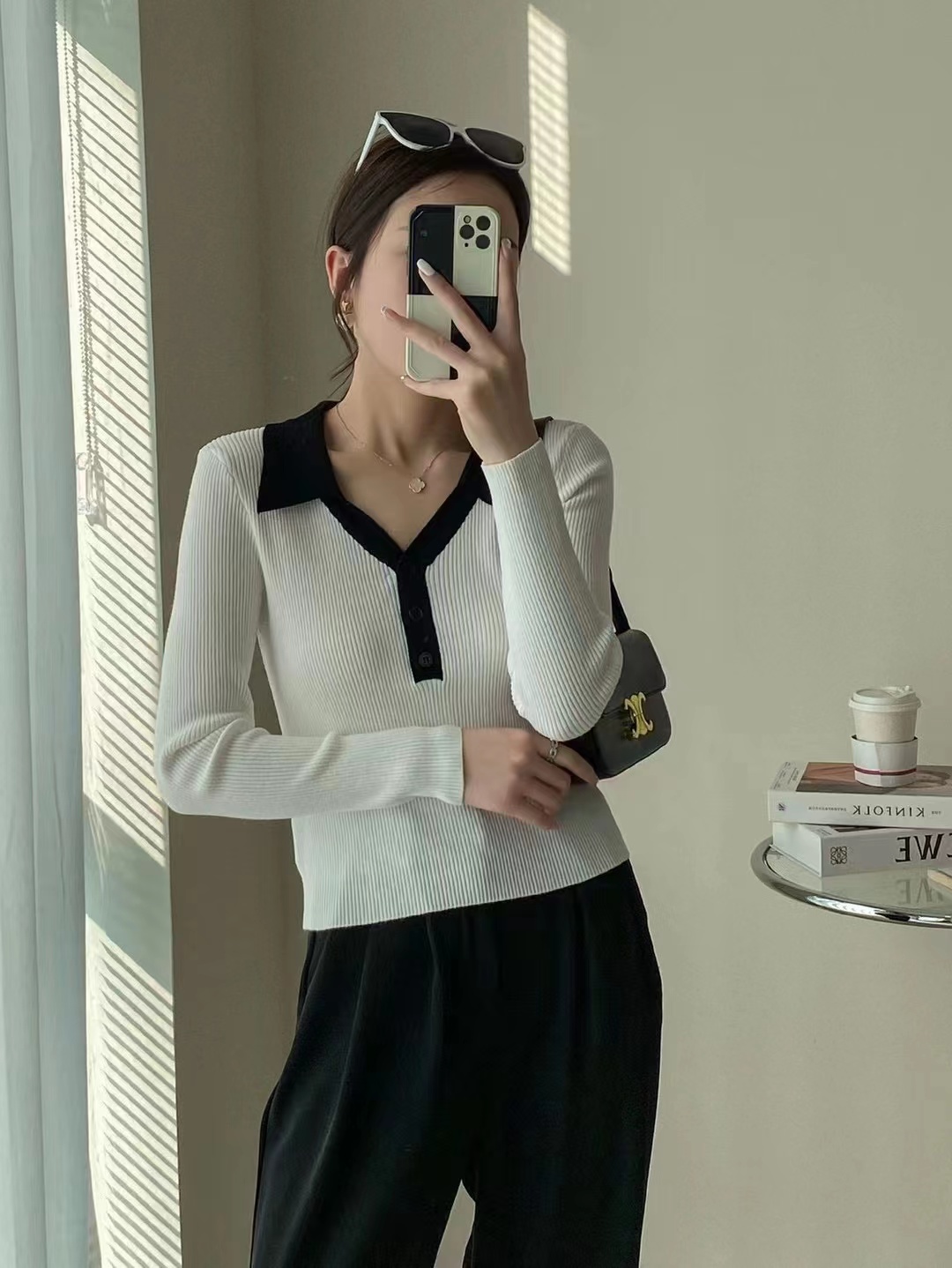 美式復古撞色Polo領針織衫女秋季毛衣內搭打底衫顯瘦v領長袖上衣
