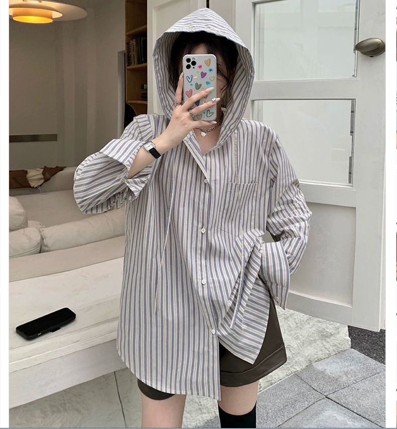 BE風小眾設計感連帽條紋襯衫女2023秋季oversize中長款襯衣外套