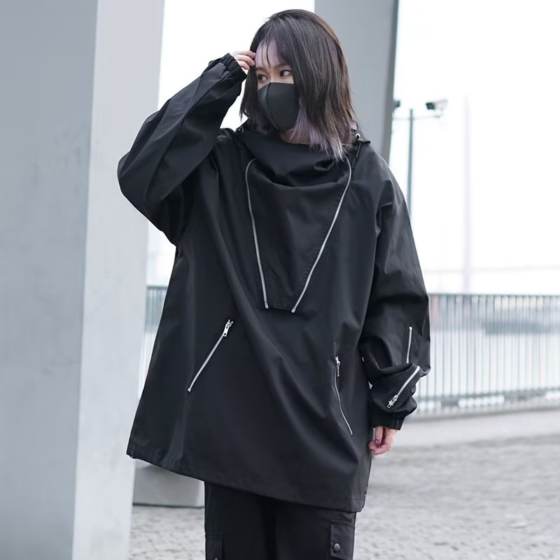 High Street Hip Hop Trendy Brand Functional Jacket Loose Solid Color Hooded Design Jacket Workwear Windproof Jacket Women