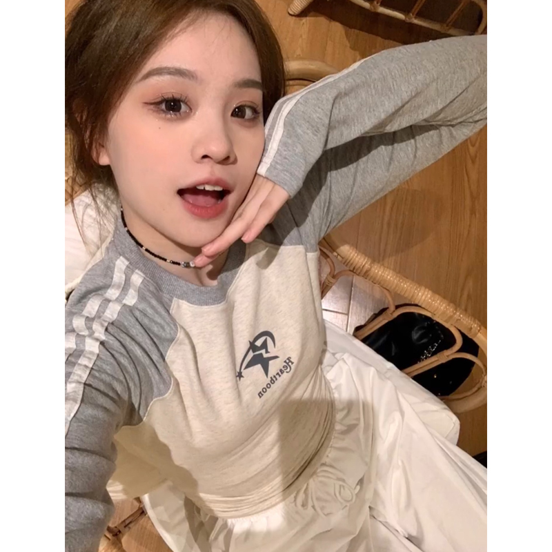 美式插肩星星正肩長袖t恤女春秋設計感小眾短款修身甜辣妹小上衣