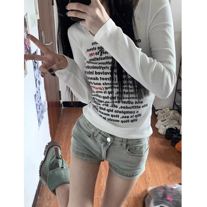 羅紋 美式辣妹長袖t恤女新款小眾短款上衣