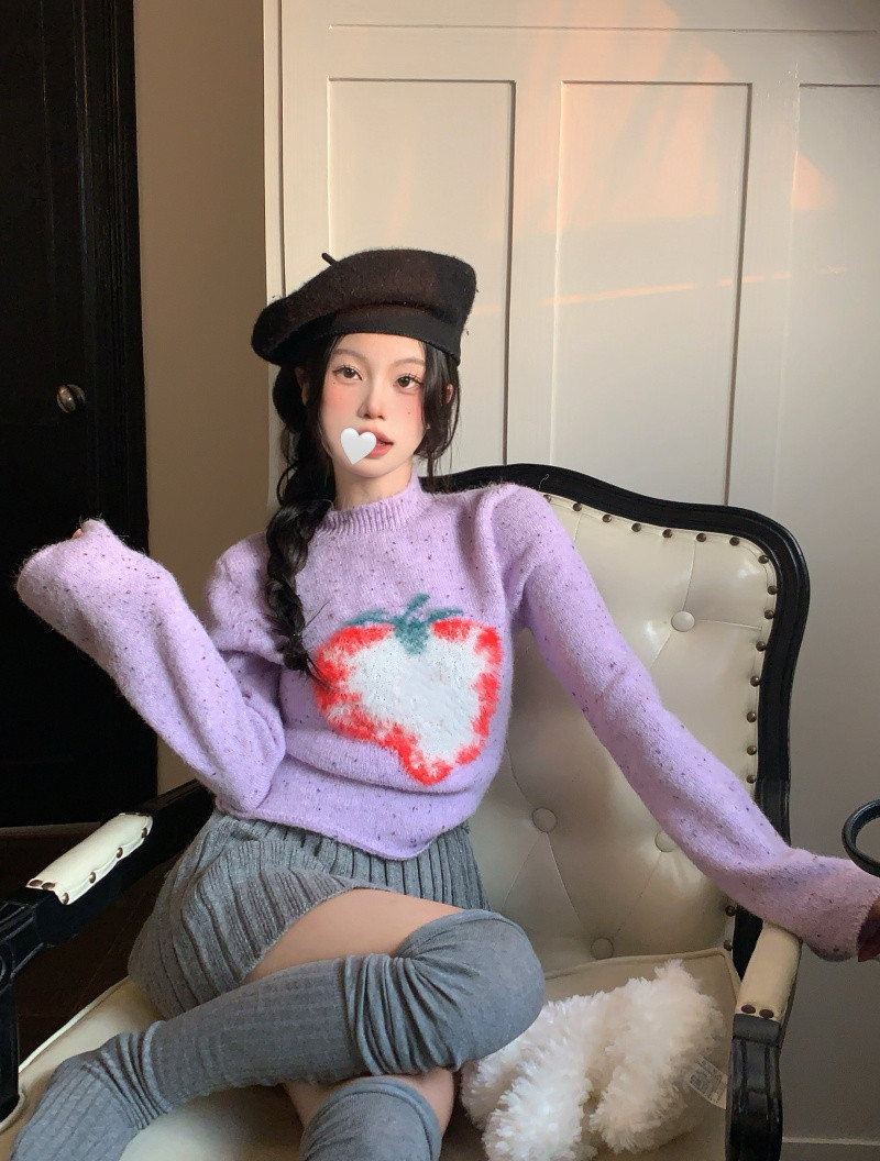 實拍 復古設計感辣妹抓毛提花馬海毛圓領針織上衣-圖案已改