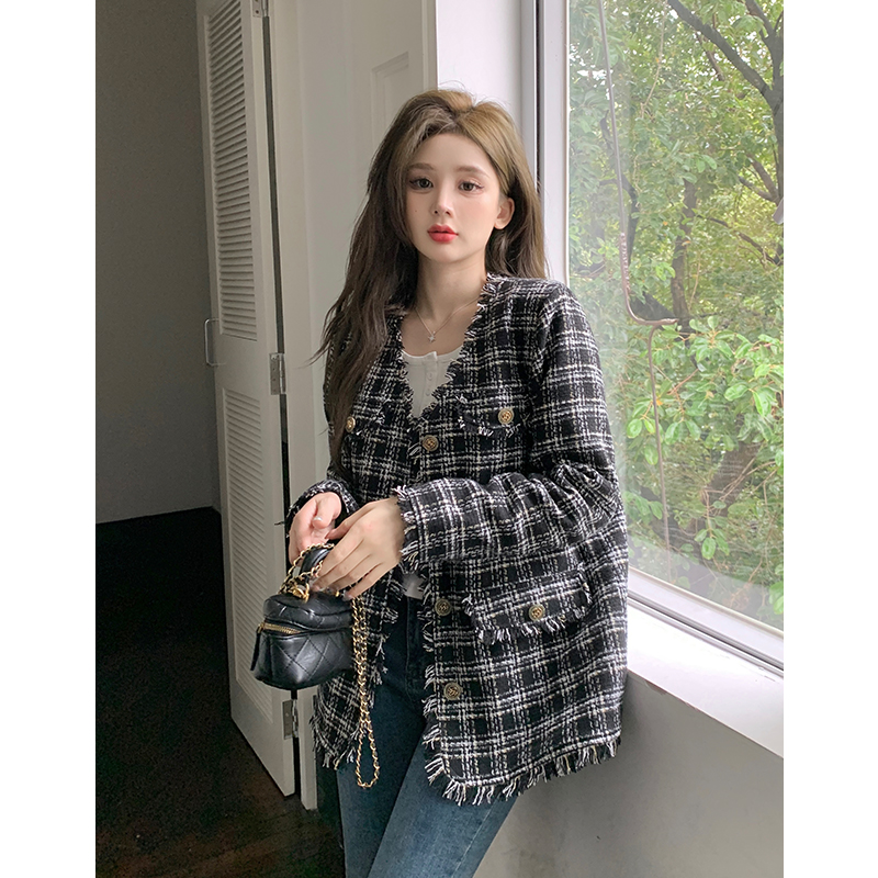 Actual shot of thickened lining, large size women's autumn and winter plaid Xiaoxiang jacket