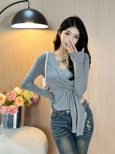 V-neck solid color long-sleeved T-shirt for women  autumn new slim fit niche design waist bottoming shirt top