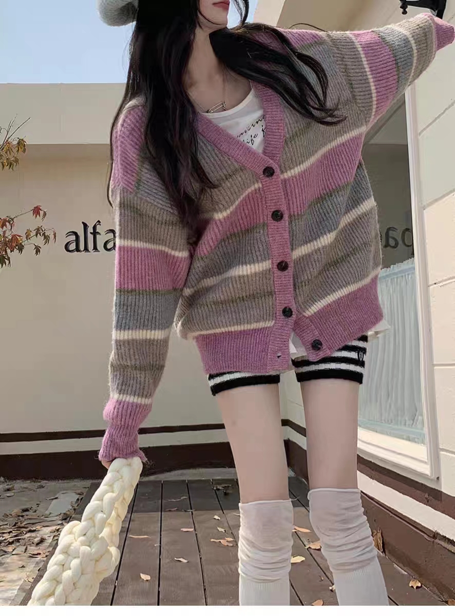 v領日系慵懶風復古條紋小眾設計感毛衣外套女秋寬鬆顯瘦針織開衫