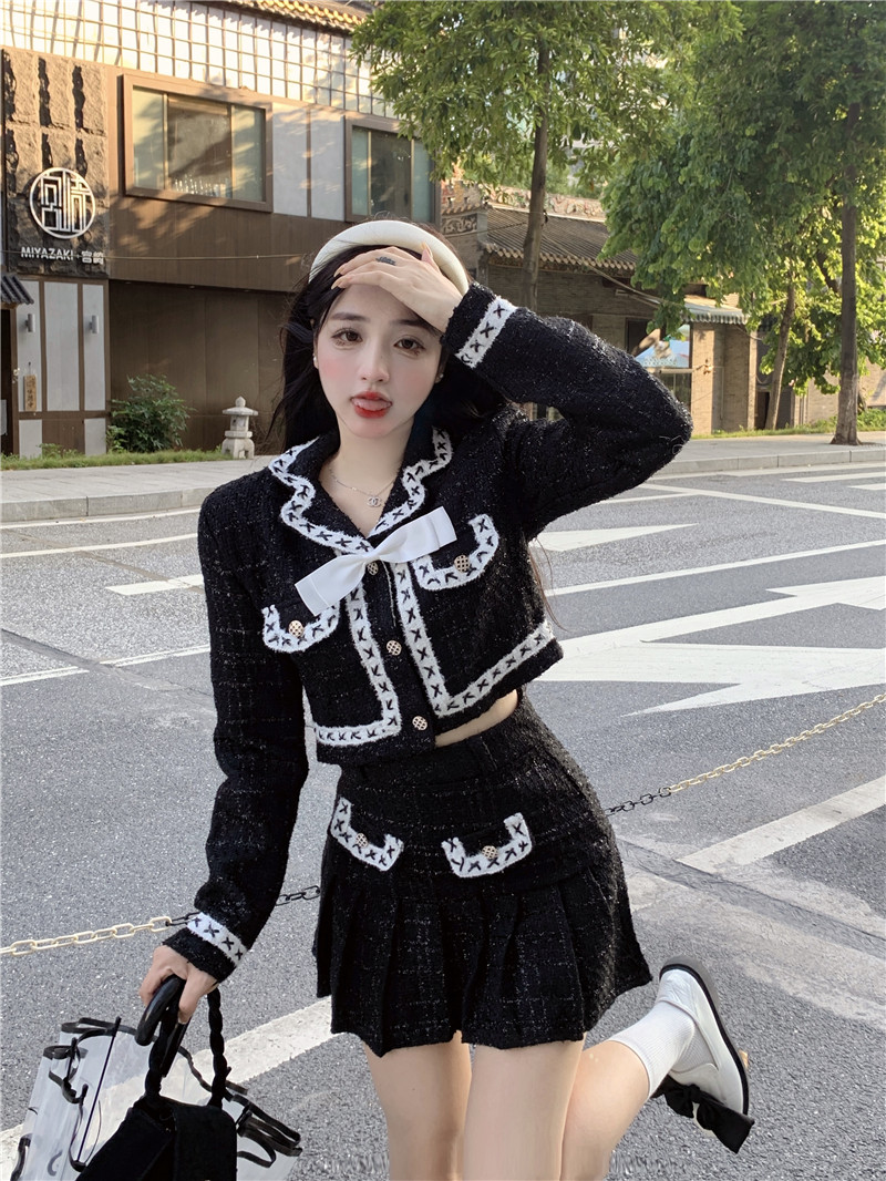 實拍  辣妹時尚蝴蝶結氣質兩件套洋氣名媛小香風套裝