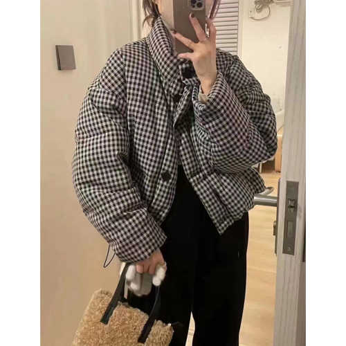 Korean houndstooth women's short stand-up collar thickened bread coat plaid coat cotton coat