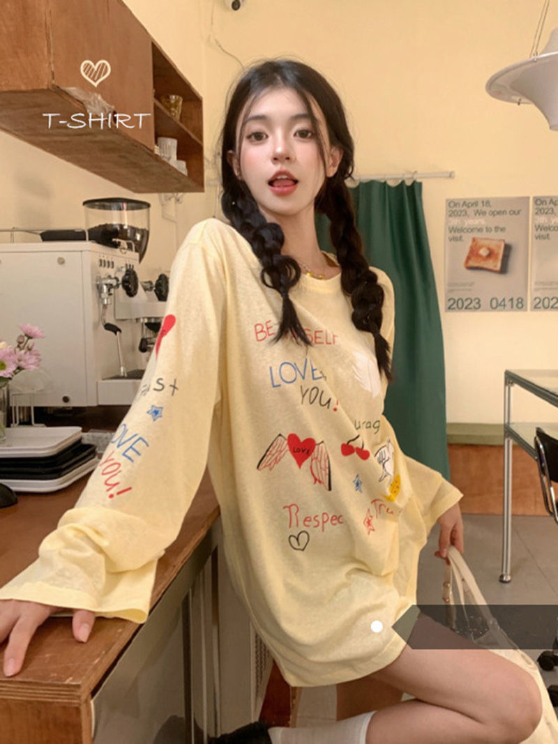 實拍-個性復古塗鴉印花長袖薄款t恤女秋慵懶寬鬆防曬上衣女